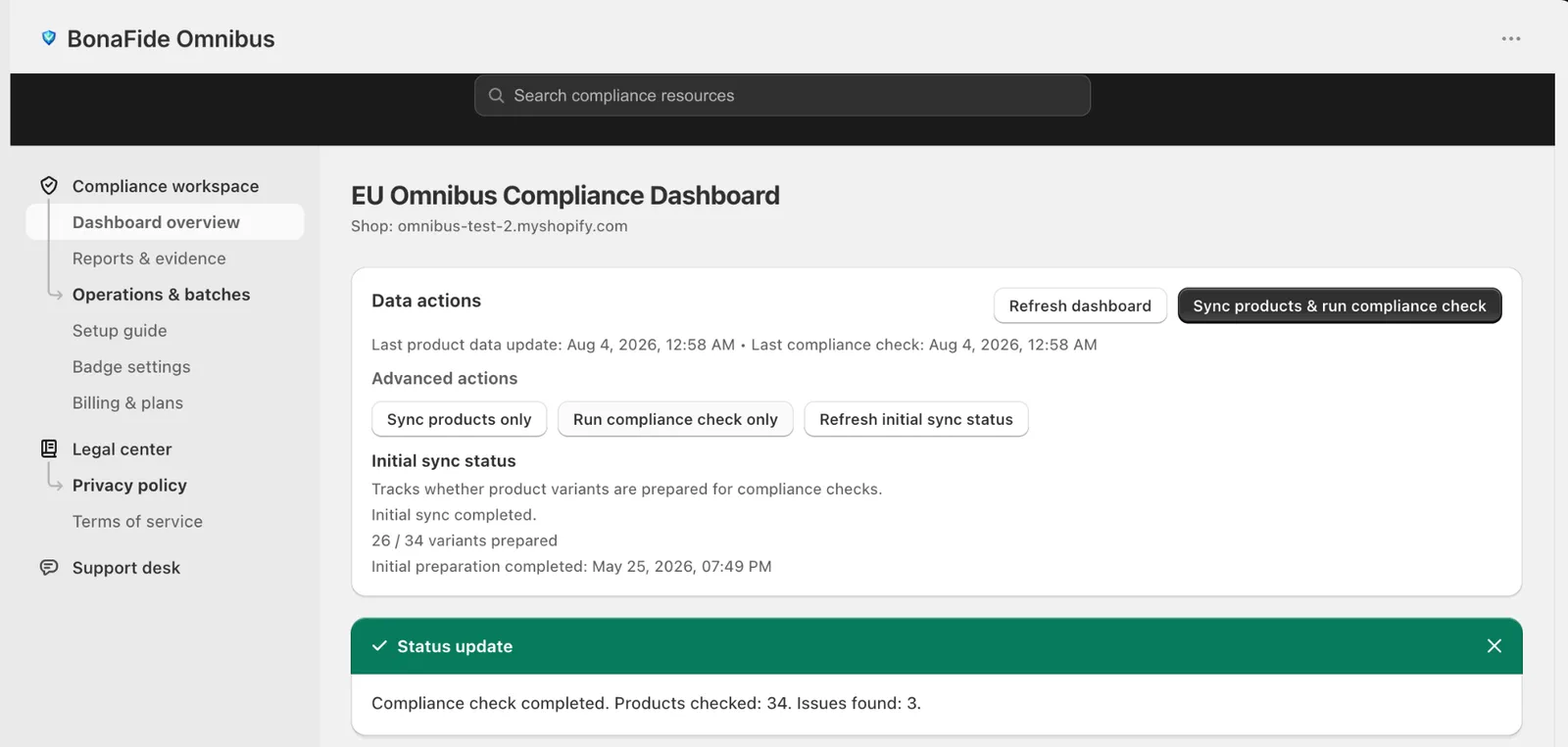 Real dashboard overview showing a completed compliance check and the refreshed data action state.