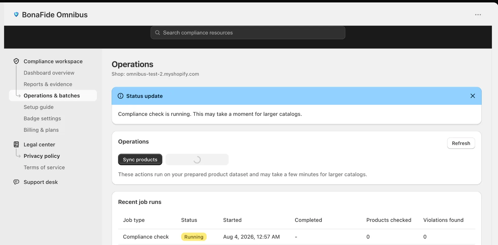Real operations screen showing a compliance check running and a recent job run row marked Running.