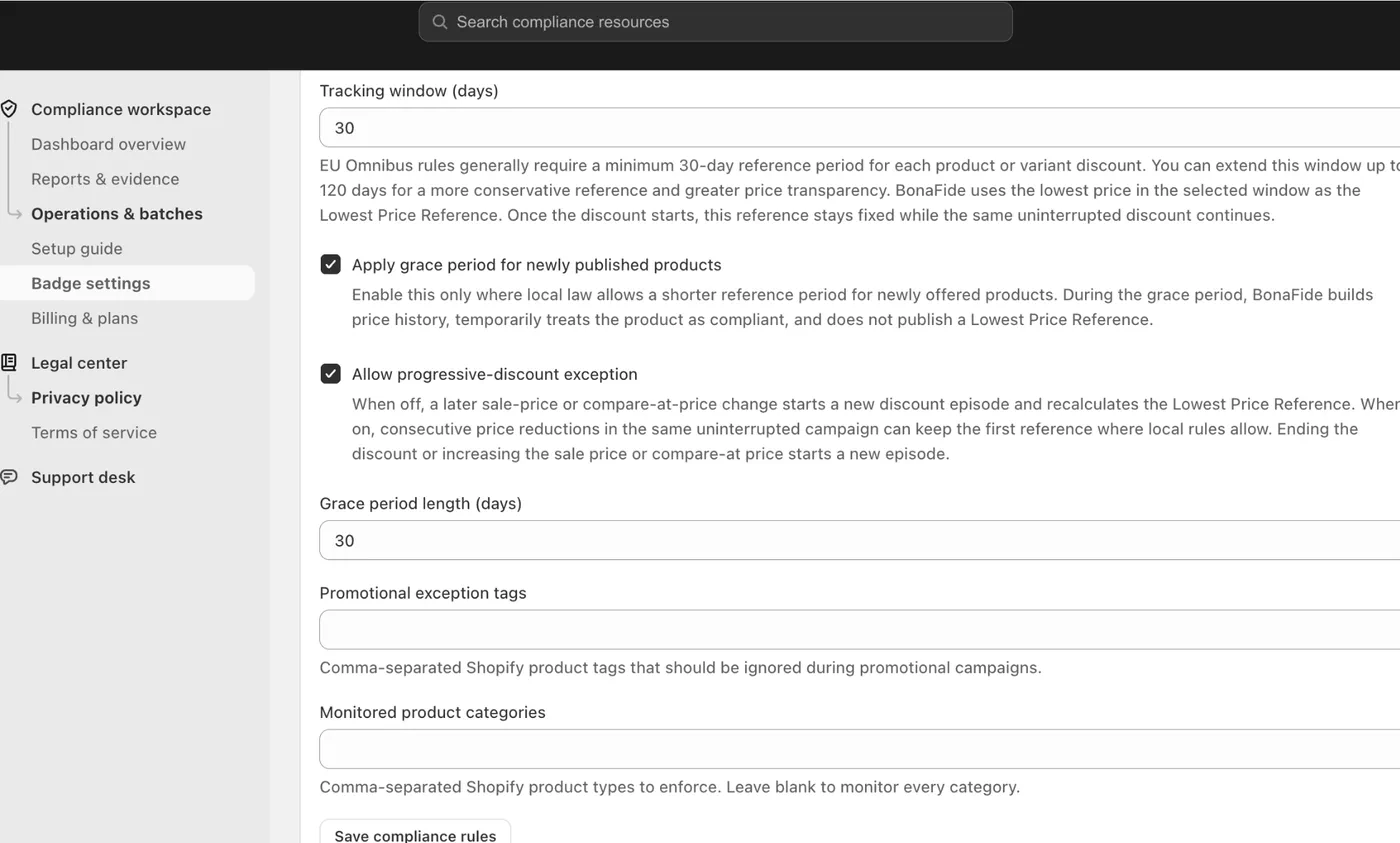 Real compliance rules screen showing tracking window, grace-period toggle, progressive-discount exception, promotional tags, and monitored product categories.