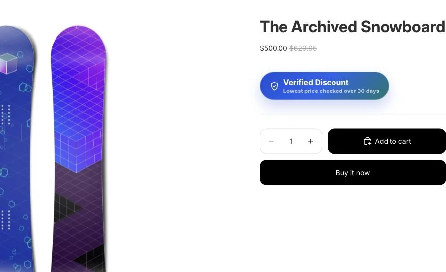 Real storefront product page detail showing the Verified Discount badge, product title, price, product imagery, and purchase controls.