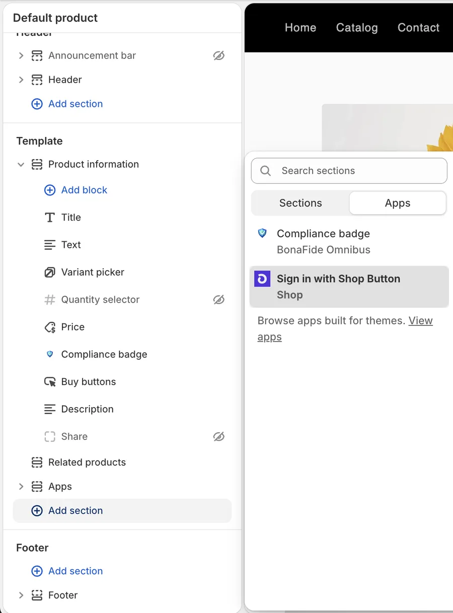Real Shopify Theme Editor Apps panel showing the Compliance badge block provided by BonaFide Omnibus.