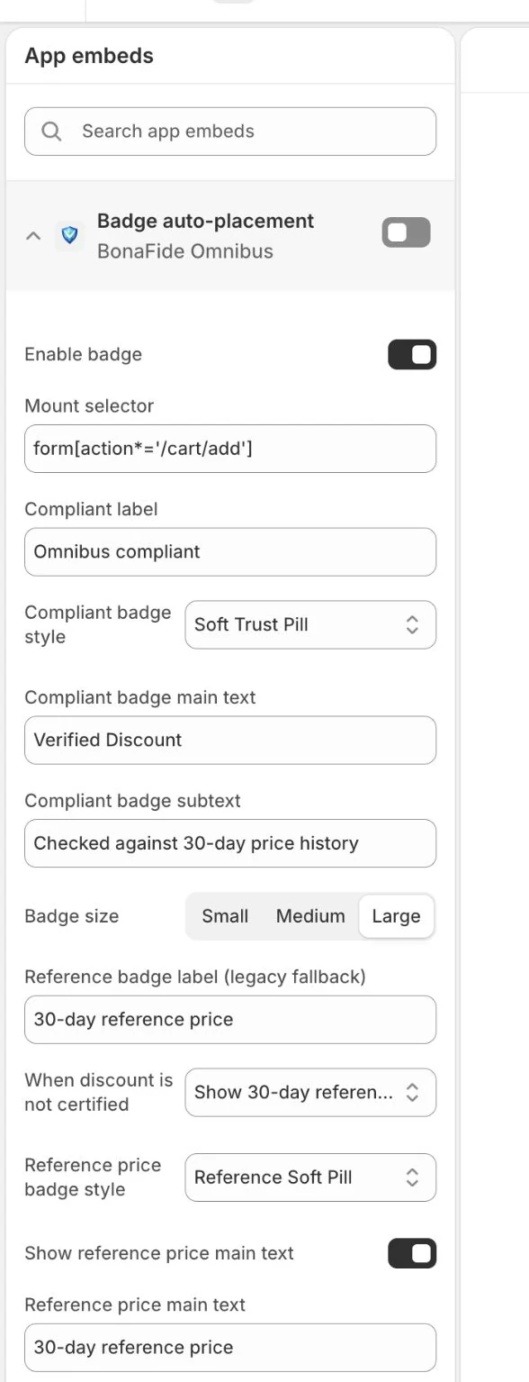 Real Theme Editor settings for the Compliance badge showing label, style, main text, subtext, size, and fallback settings.