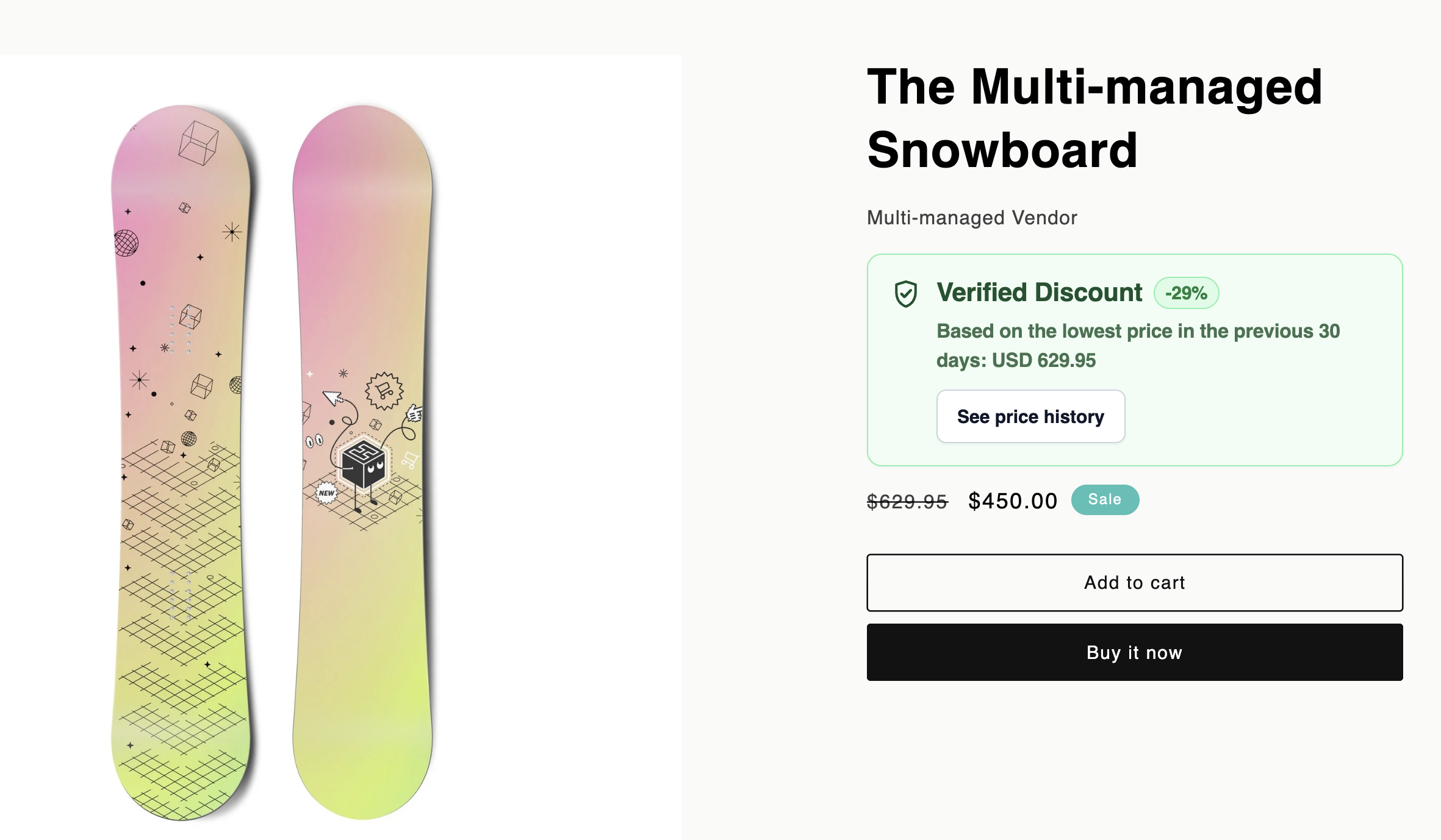 Product page with verified discount badge and price-history link